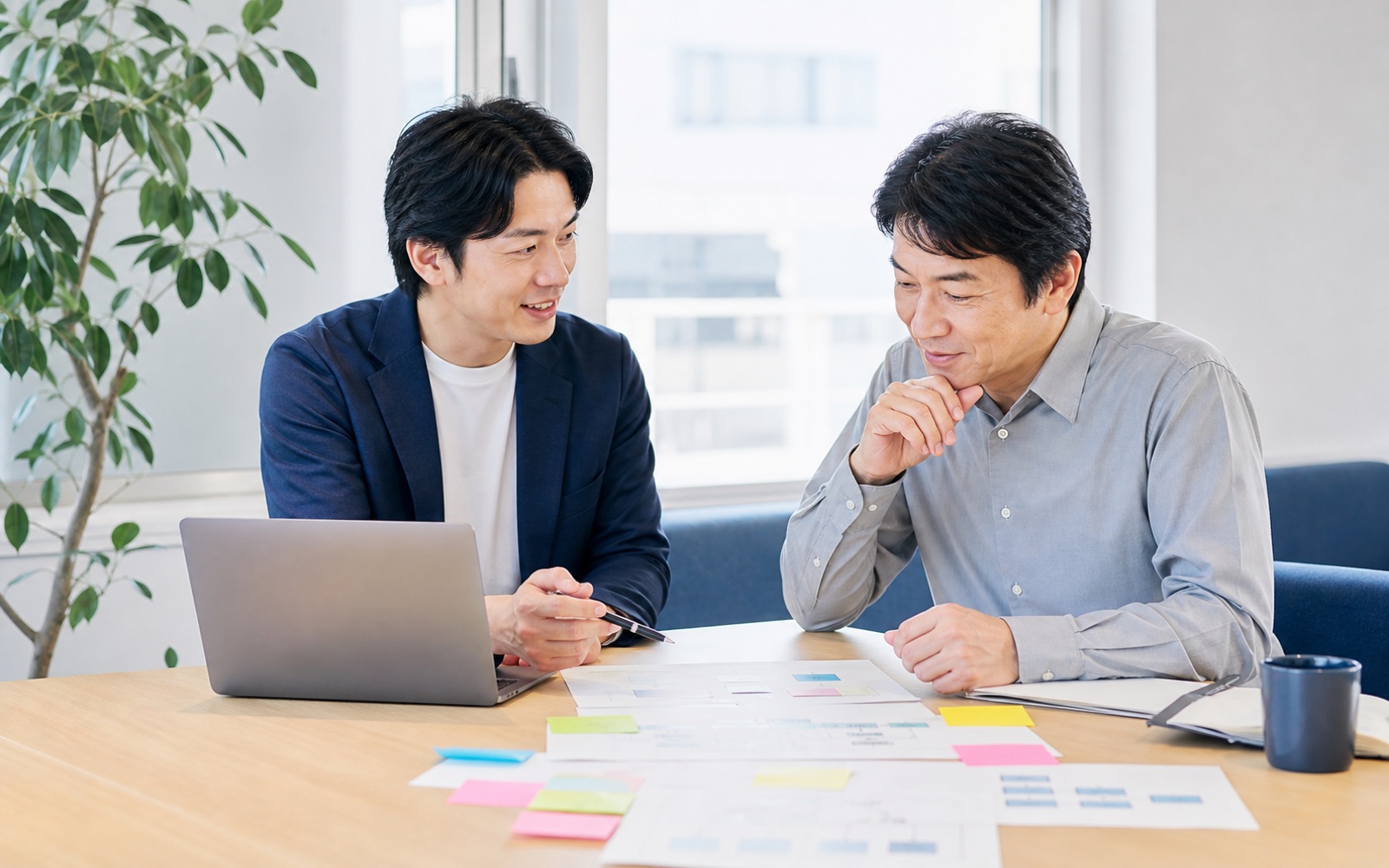 業務フローを相談しながら整理する日本人の打ち合わせ風景