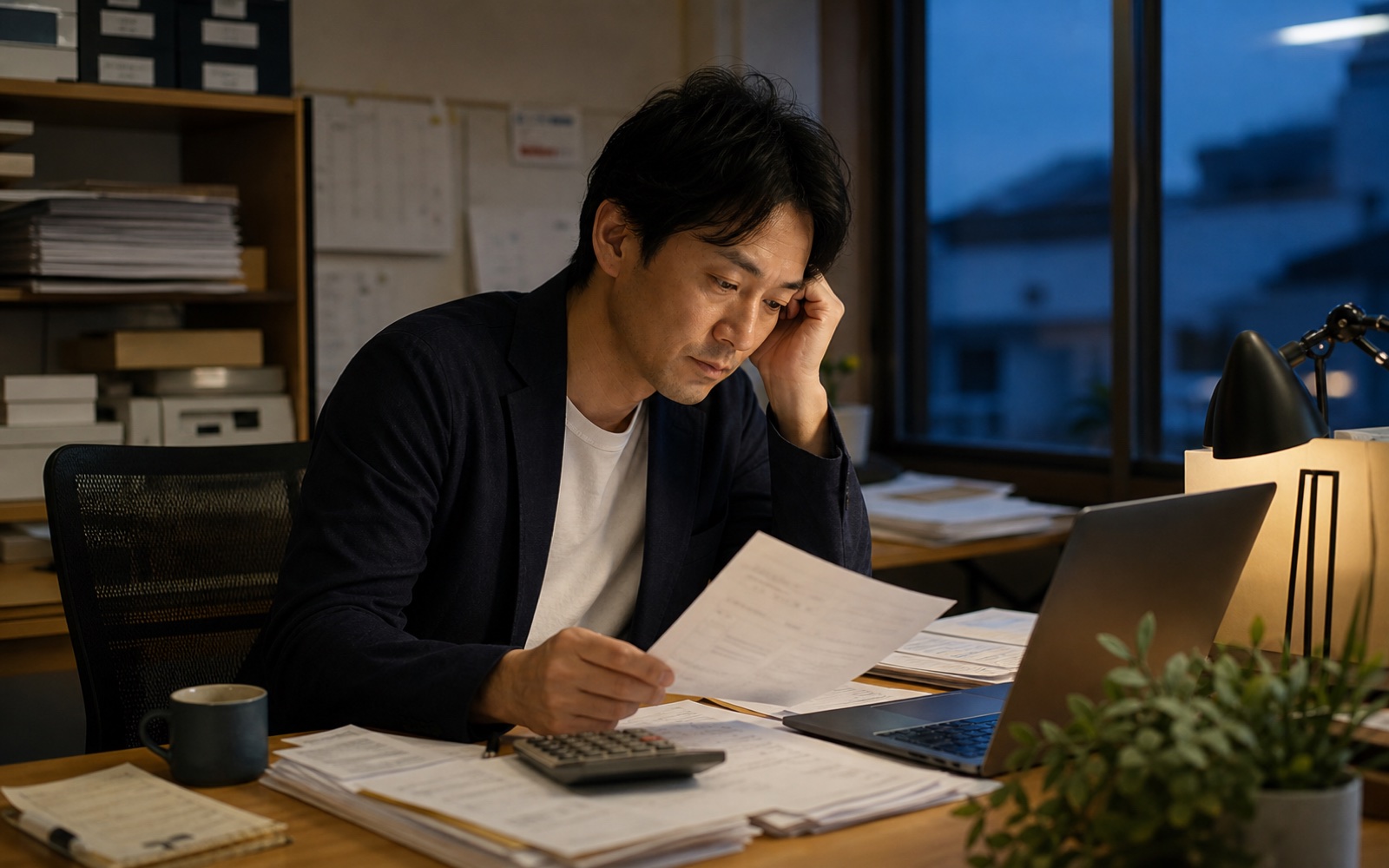 夜まで紙の書類とパソコン作業に追われる日本人経営者